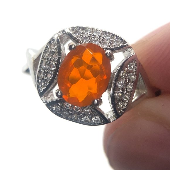 Fire Opal .75ct Platinum Finish Solid 925 Sterling Silver Ring - Picture 1 of 6